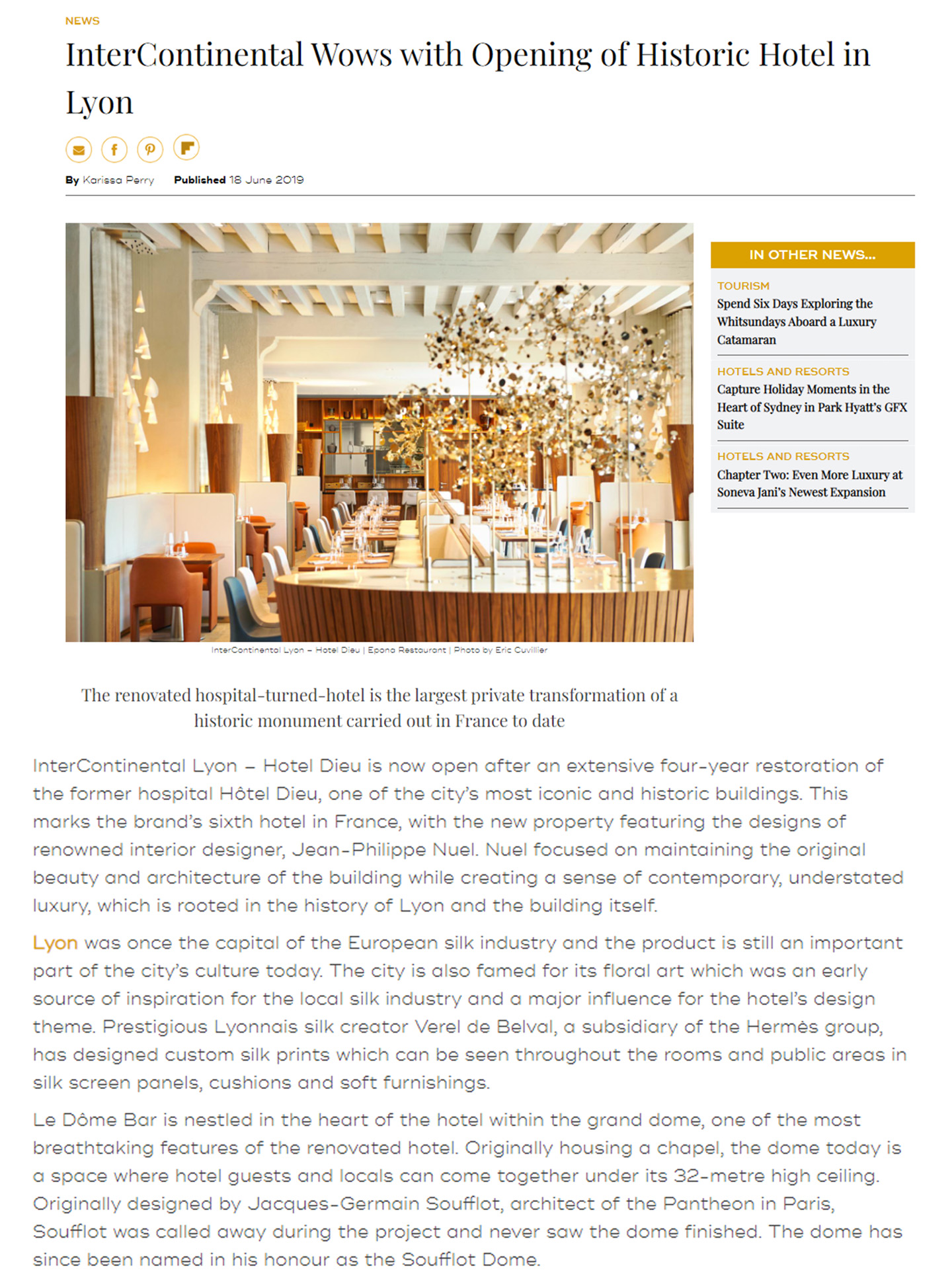 Article sur l'InterContinental Lyon Hotel Dieu réalisé par le studio jean-Philippe Nuel dans le magazine Luxury travel, nouvel hotel de luxe, architecture d'intérieur de luxe, patrimoine historique