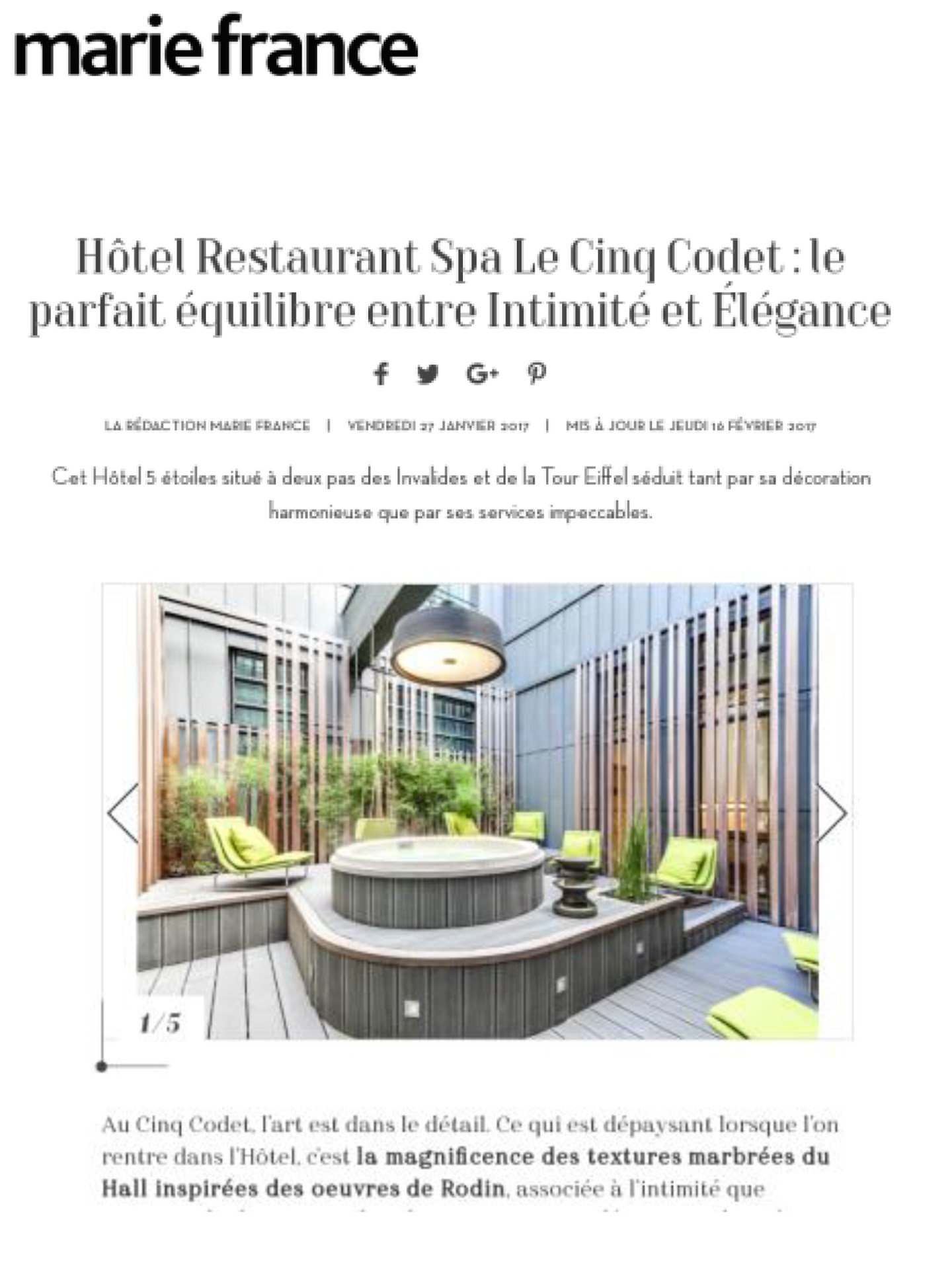 Article sur le Cinq Codet réalisé par le studio jean-Philippe Nuel dans le magazine marie france, nouvel hotel lifestyle, architecture d'intérieur de luxe, paris centre, hotel de luxe français
