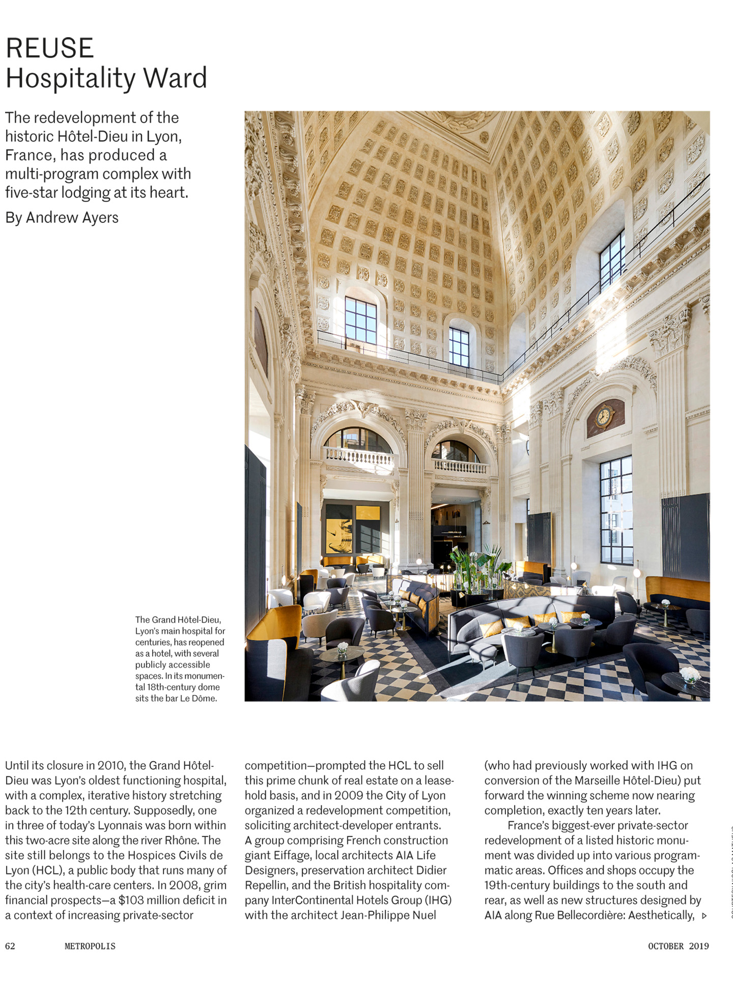 Article sur l'InterContinental Lyon Hotel Dieu réalisé par le studio jean-Philippe Nuel dans le magazine Metropolis, nouvel hotel de luxe, architecture d'intérieur de luxe, patrimoine historique