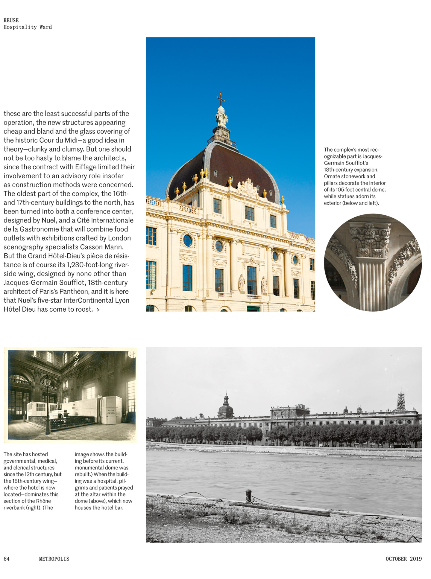 Article sur l'InterContinental Lyon Hotel Dieu réalisé par le studio jean-Philippe Nuel dans le magazine Metropolis, nouvel hotel de luxe, architecture d'intérieur de luxe, patrimoine historique