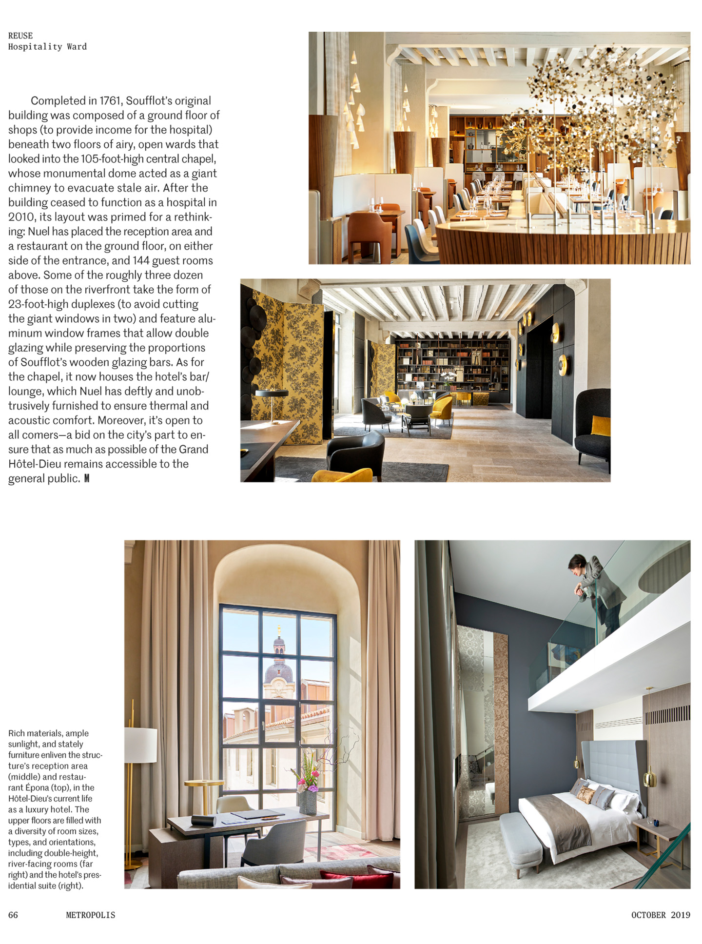 Article sur l'InterContinental Lyon Hotel Dieu réalisé par le studio jean-Philippe Nuel dans le magazine Metropolis, nouvel hotel de luxe, architecture d'intérieur de luxe, patrimoine historique