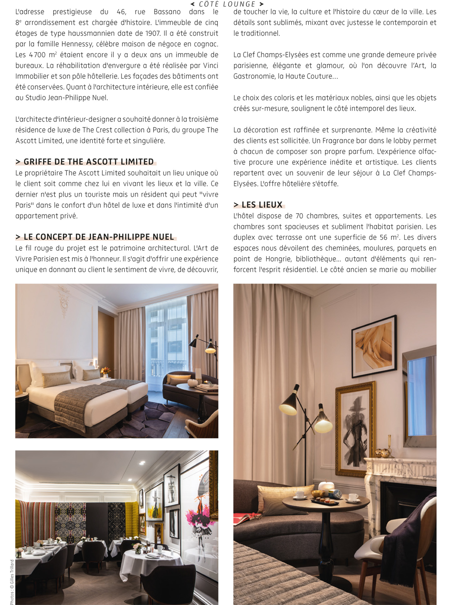 Article on the hotel la clef champs elysees paris realized by the studio jean-Philippe Nuel in the magazine nda, new luxury hotel, interior design; paris center, french luxury hotel