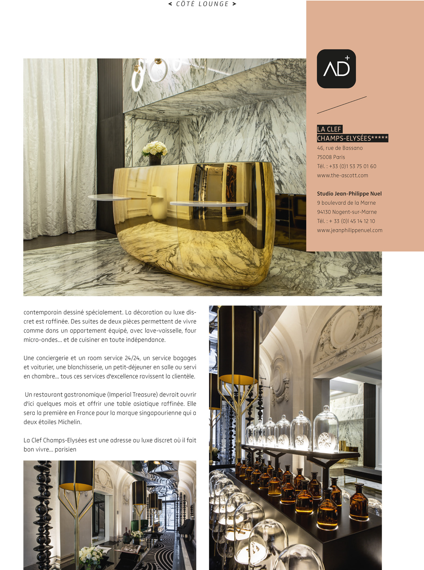 Article on the hotel la clef champs elysees paris realized by the studio jean-Philippe Nuel in the magazine nda, new luxury hotel, interior design; paris center, french luxury hotel