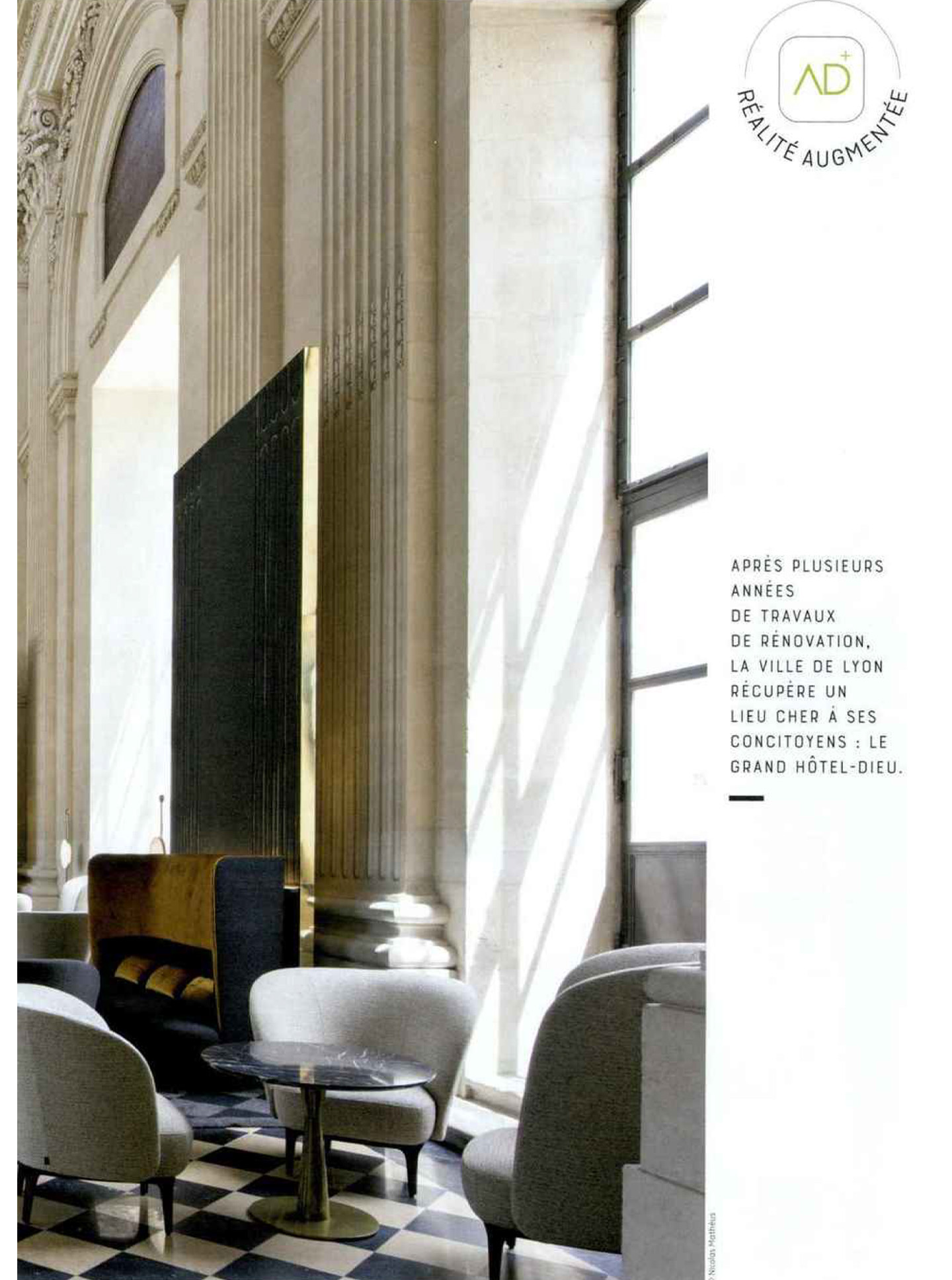 Article sur l'InterContinental Lyon Hotel Dieu réalisé par le studio jean-Philippe Nuel dans le magazine NDA, nouvel hotel de luxe, architecture d'intérieur de luxe, patrimoine historique