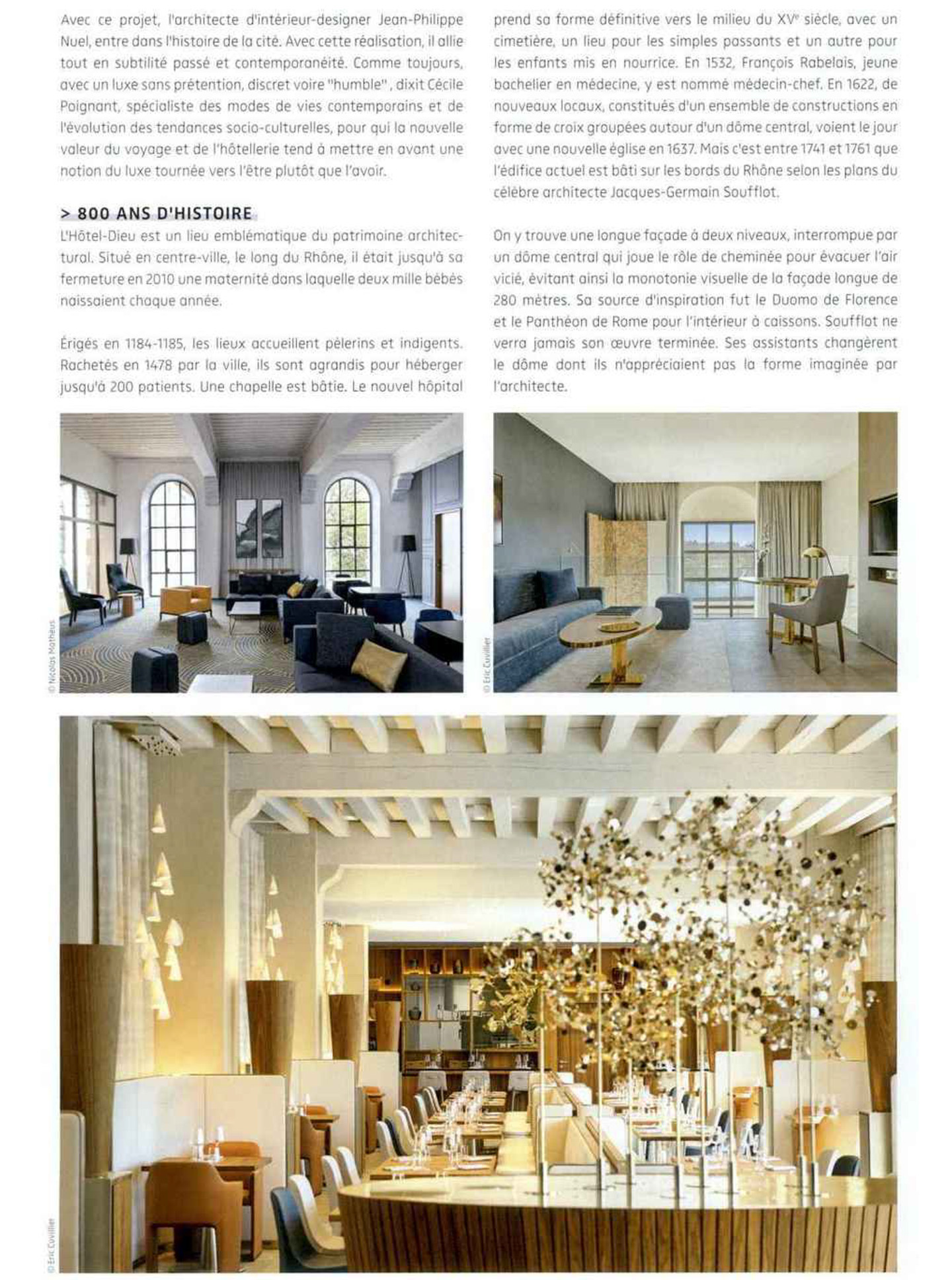 Article on the InterContinental Lyon Hotel Dieu realized by the studio jean-Philippe Nuel in the magazine NDA, new luxury hotel, luxury interior design, historical heritage