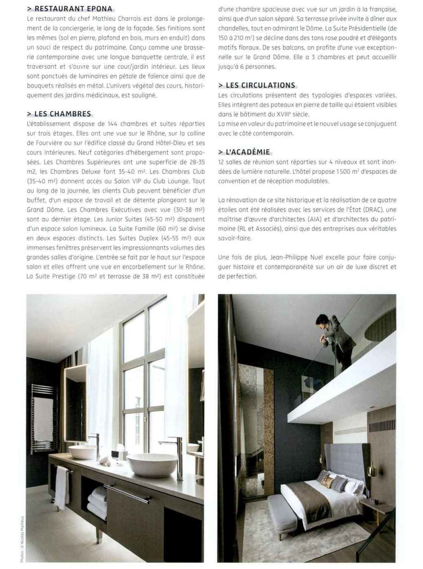 Article sur l'InterContinental Lyon Hotel Dieu réalisé par le studio jean-Philippe Nuel dans le magazine NDA, nouvel hotel de luxe, architecture d'intérieur de luxe, patrimoine historique