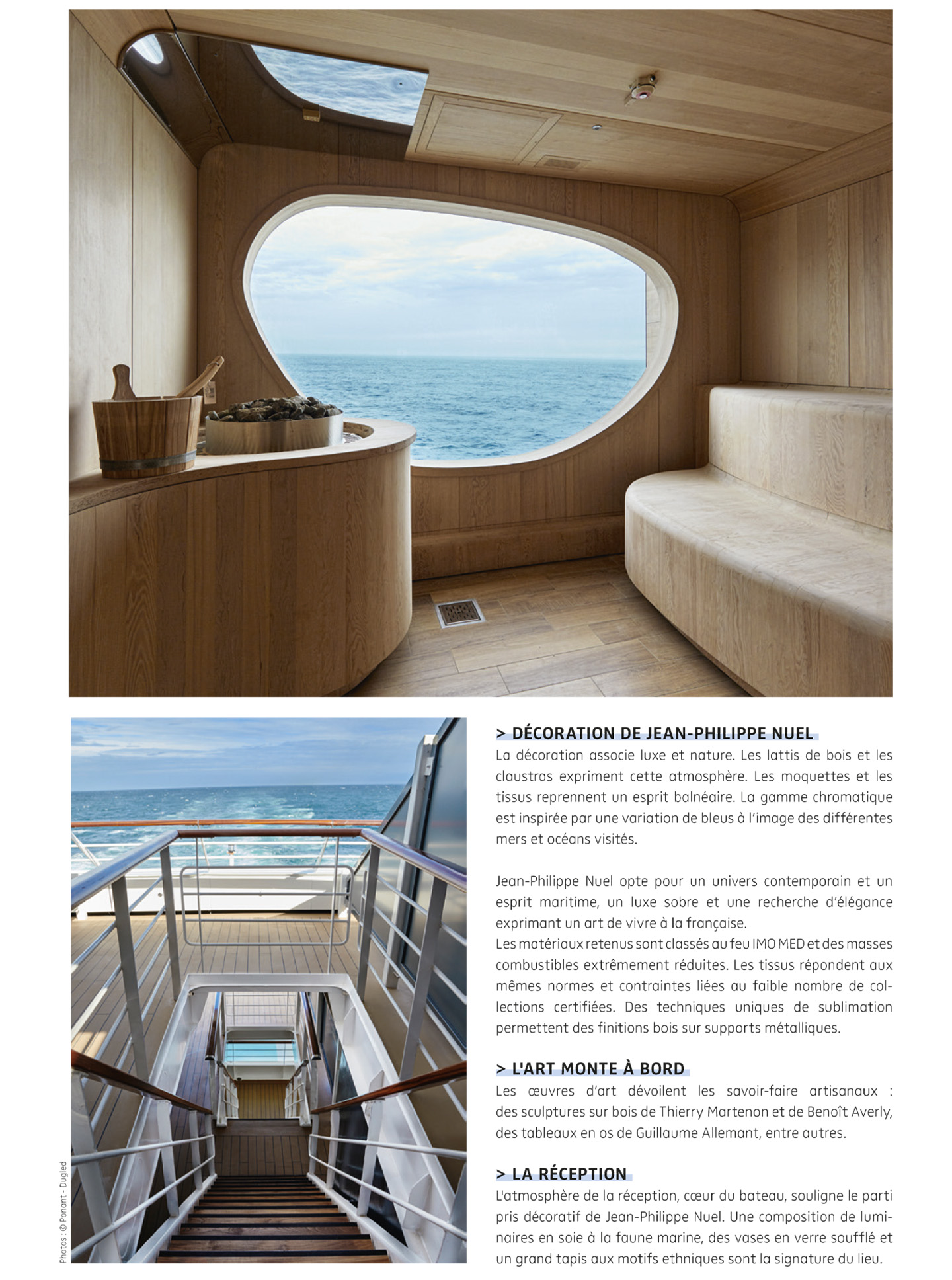 Article sur Le Champlain ponant Explorers réalisé par le studio jean-Philippe Nuel dans le magazine NDA, bateau de croisière de luxe, exploration maritime