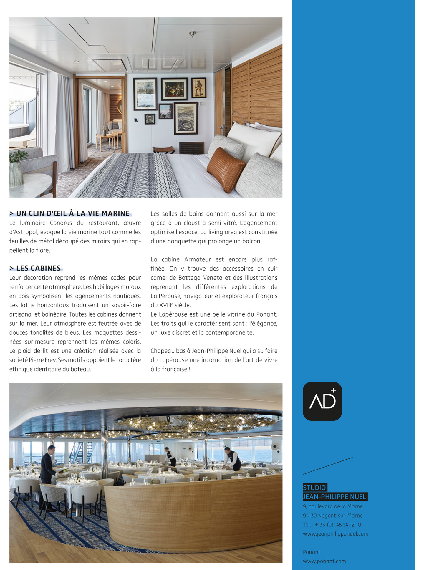 Article sur Le Champlain ponant Explorers réalisé par le studio jean-Philippe Nuel dans le magazine NDA, bateau de croisière de luxe, exploration maritime