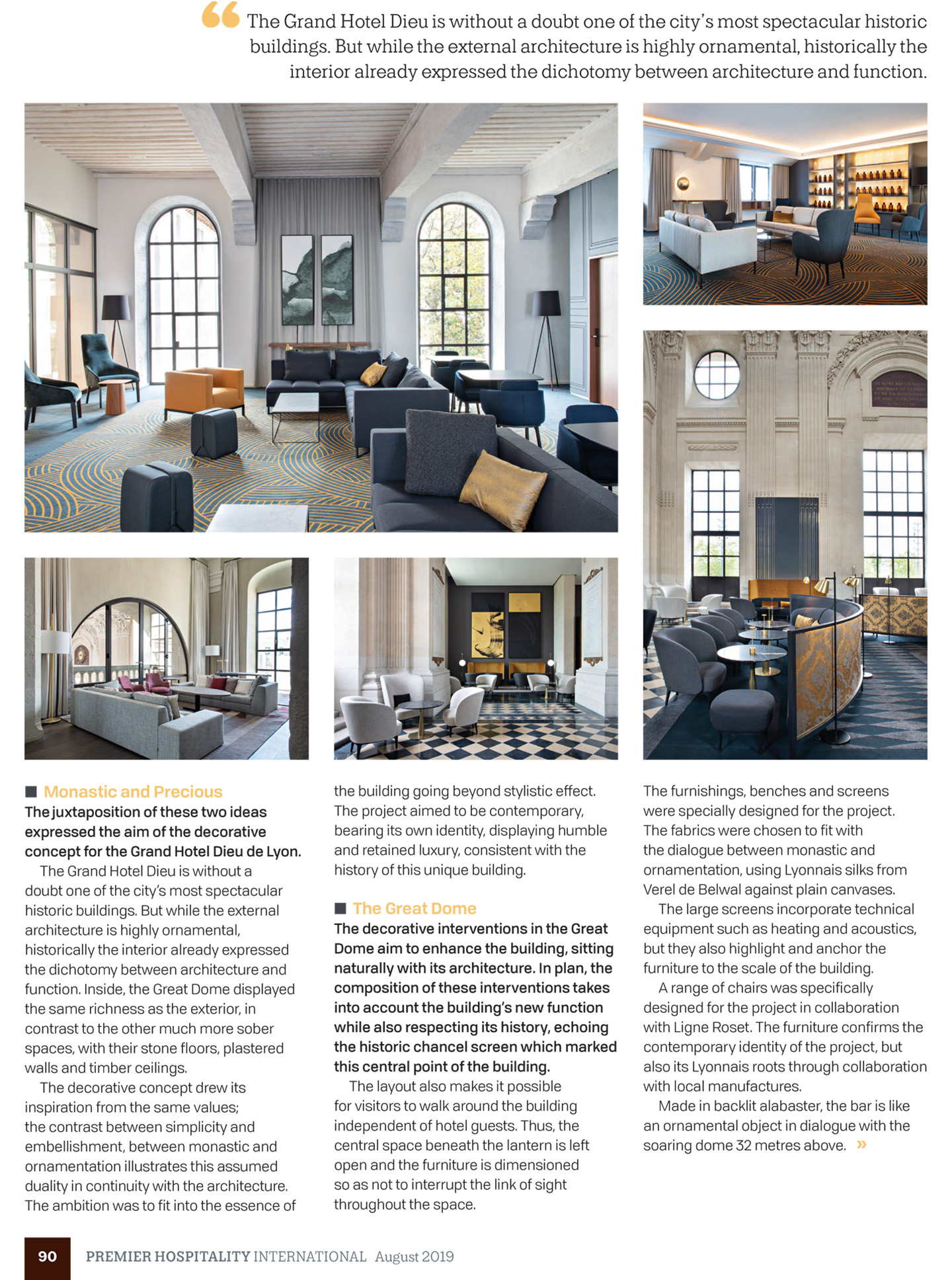Article on the InterContinental Lyon Hotel Dieu by jean-Philippe Nuel studio in Premier hospitality international magazine; new luxury hotel, luxury interior design, historical heritage