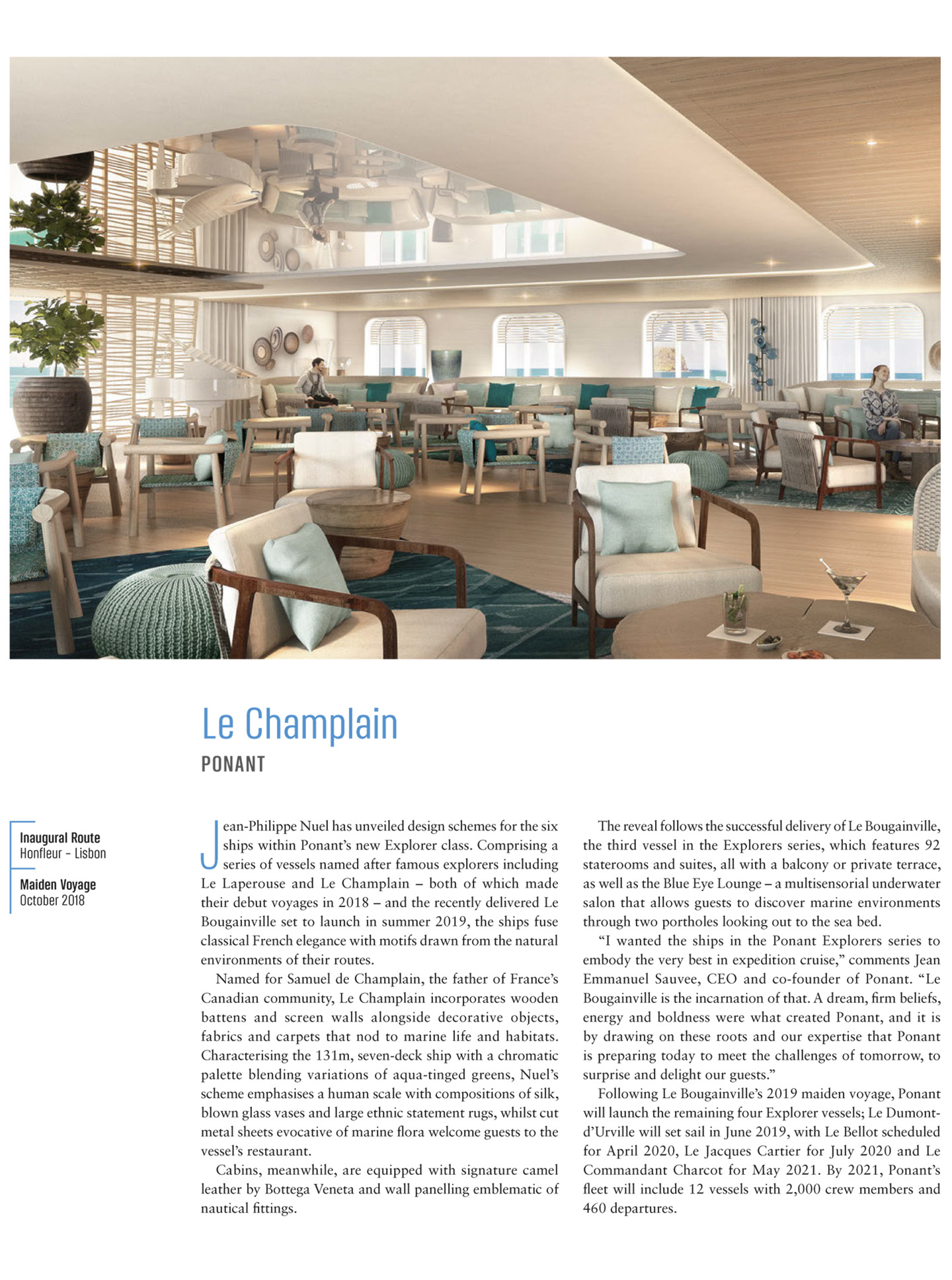 article on the ponant's champlain, a luxury cruise ship designed by the interior design studio jean-philippe nuel