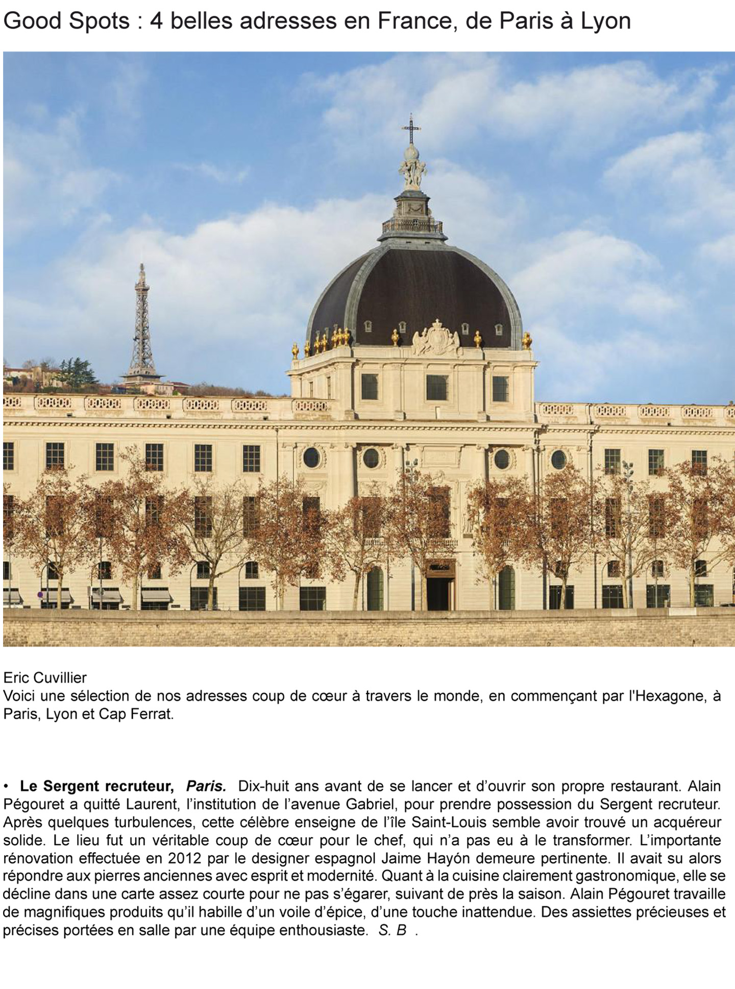 Article on the InterContinental Lyon Hotel Dieu realized by the studio jean-Philippe Nuel in the magazine The Good life, new luxury hotel, luxury interior design, historical heritage