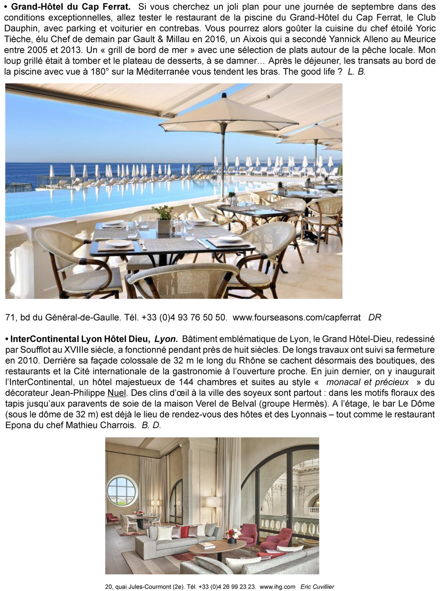 Article on the InterContinental Lyon Hotel Dieu realized by the studio jean-Philippe Nuel in the magazine The Good life, new luxury hotel, luxury interior design, historical heritage