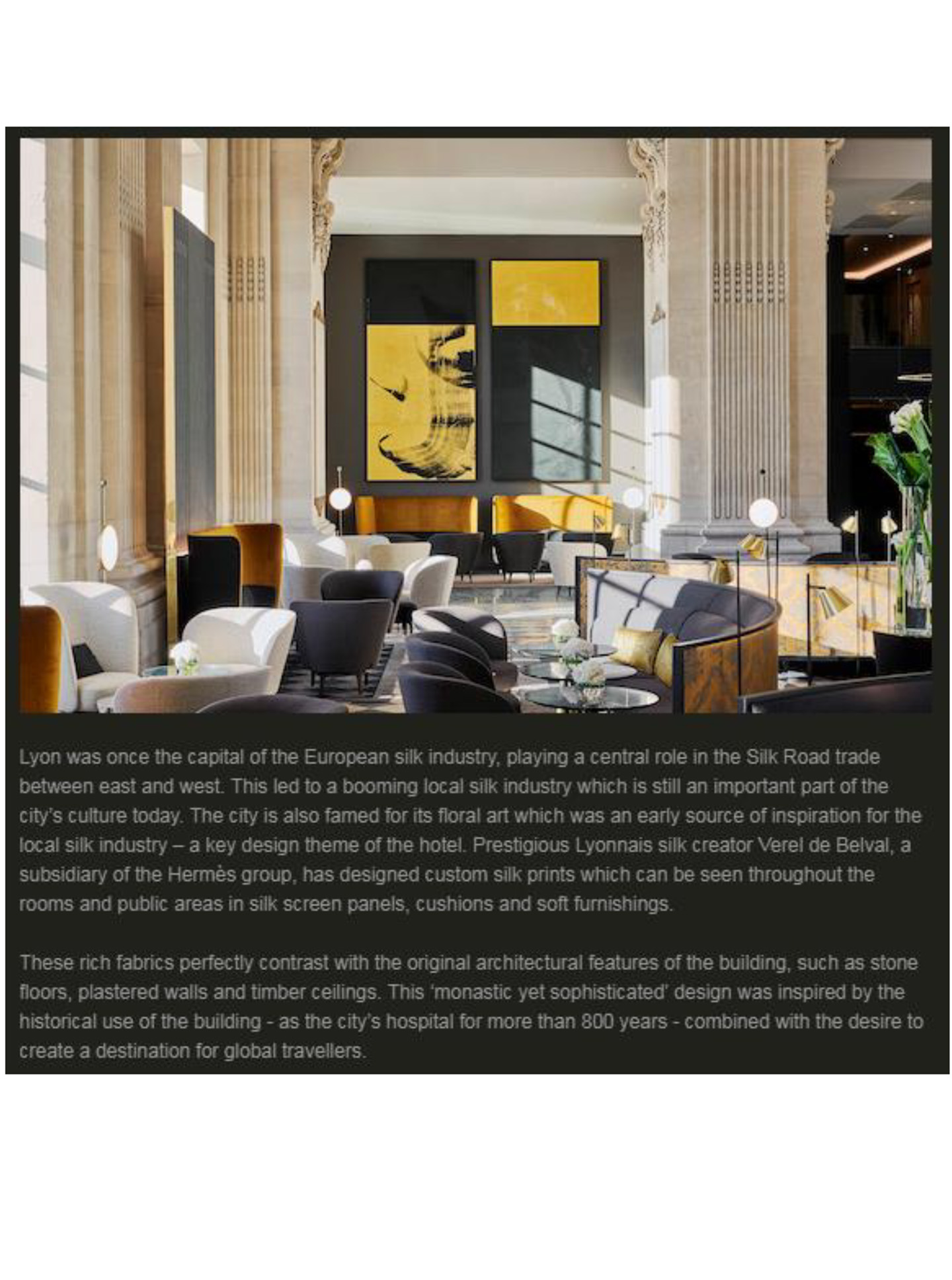 Article on the InterContinental Lyon Hotel Dieu realized by the studio jean-Philippe Nuel in the rooms magazine, new luxury hotel, luxury interior design, historical heritage