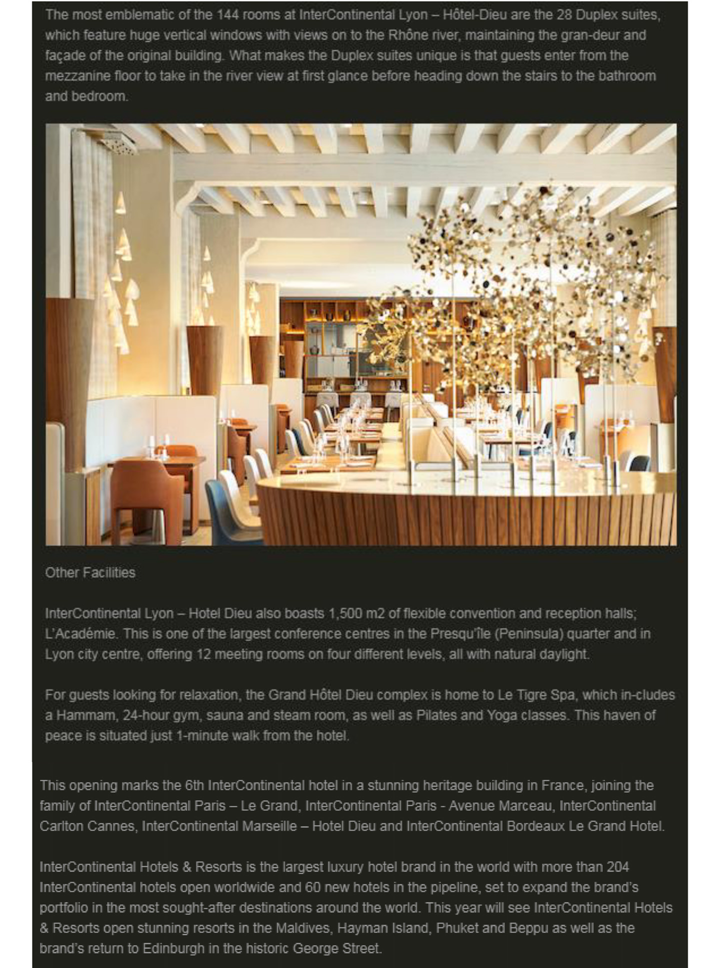 Article on the InterContinental Lyon Hotel Dieu realized by the studio jean-Philippe Nuel in the rooms magazine, new luxury hotel, luxury interior design, historical heritage