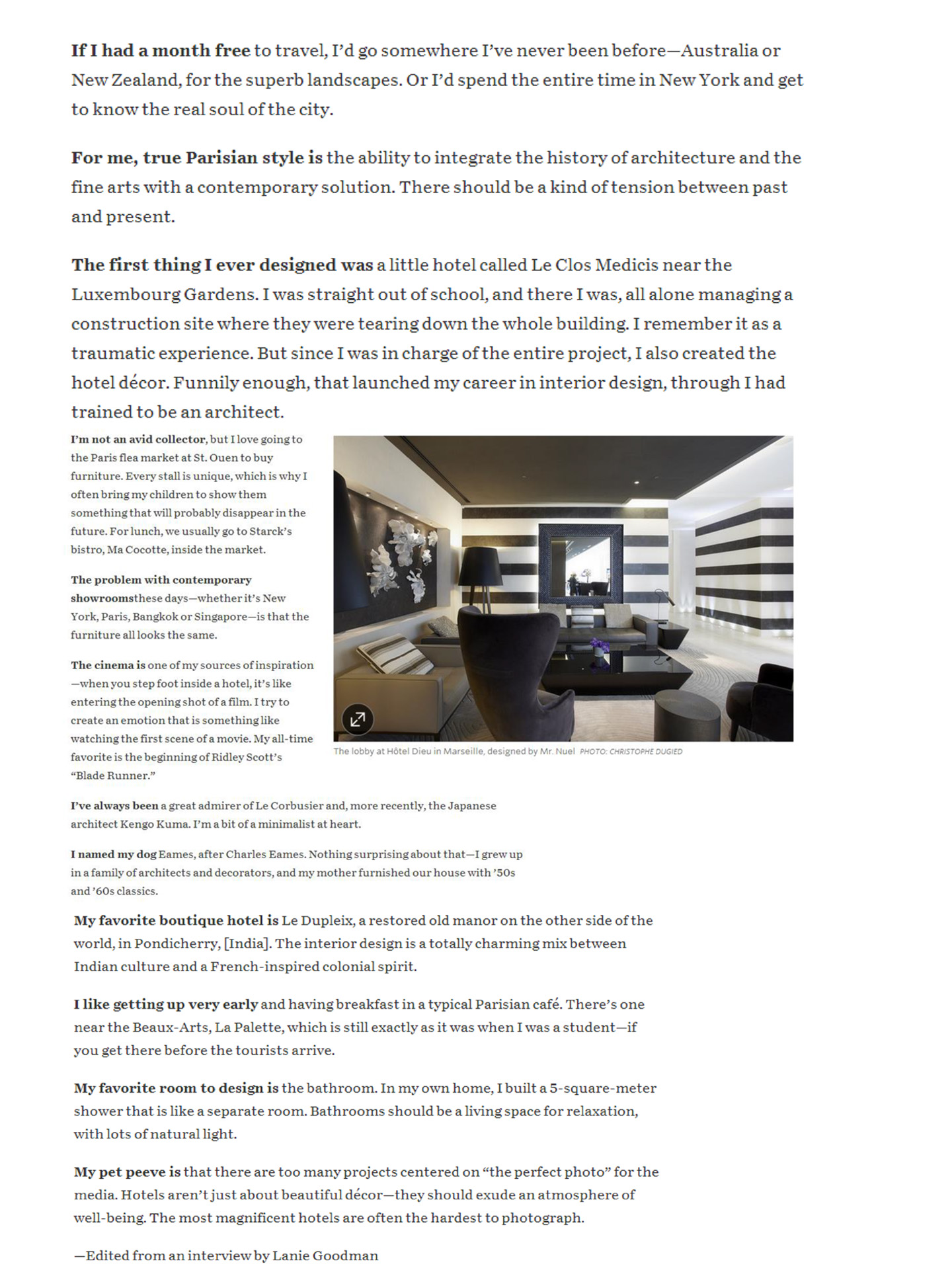 article sur l'architecte d'intérieur et designer jean-philippe nuel , interview dans le wall street journal