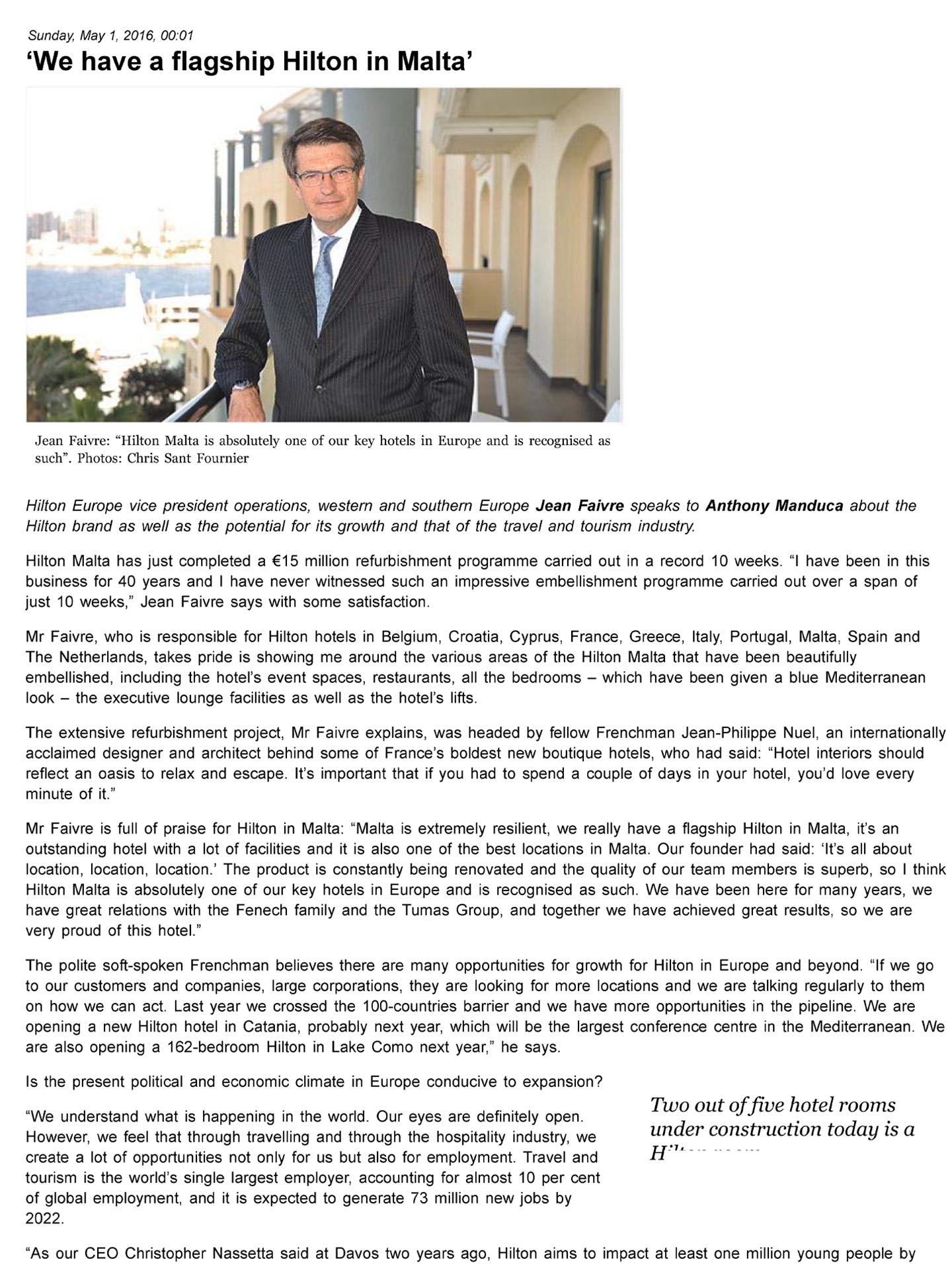article on the hotel hilton malta in the magazine times of malta, luxury hotel realized by the studio jean-philippe nuel