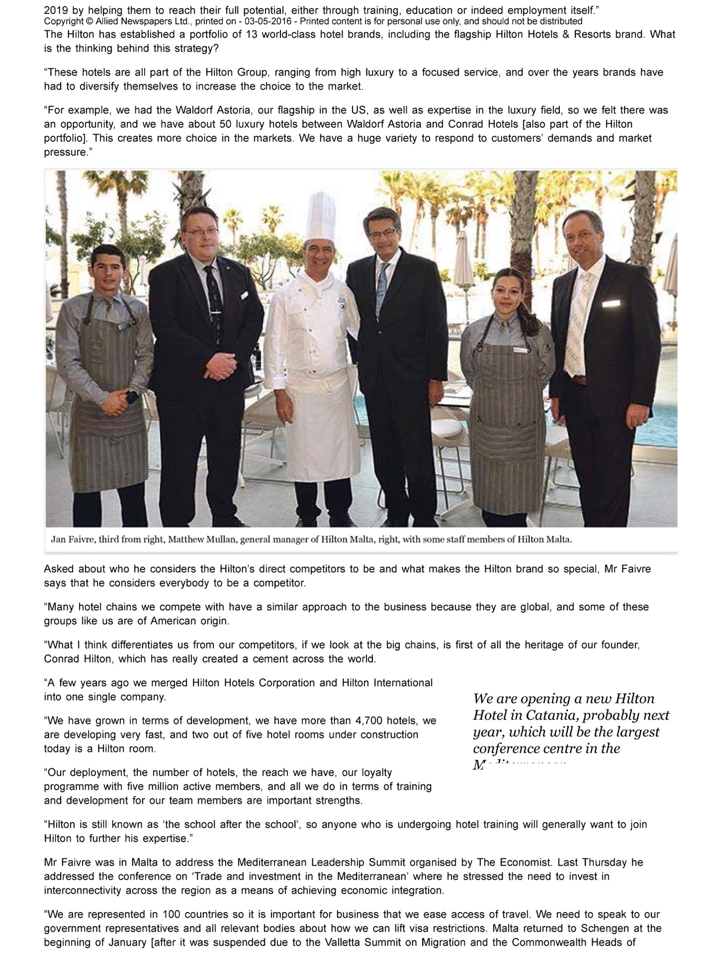 article sur l'hôtel hilton malte dans le magazine times of malta, hotel de luxe réalisé par le studio jean-philippe nuel