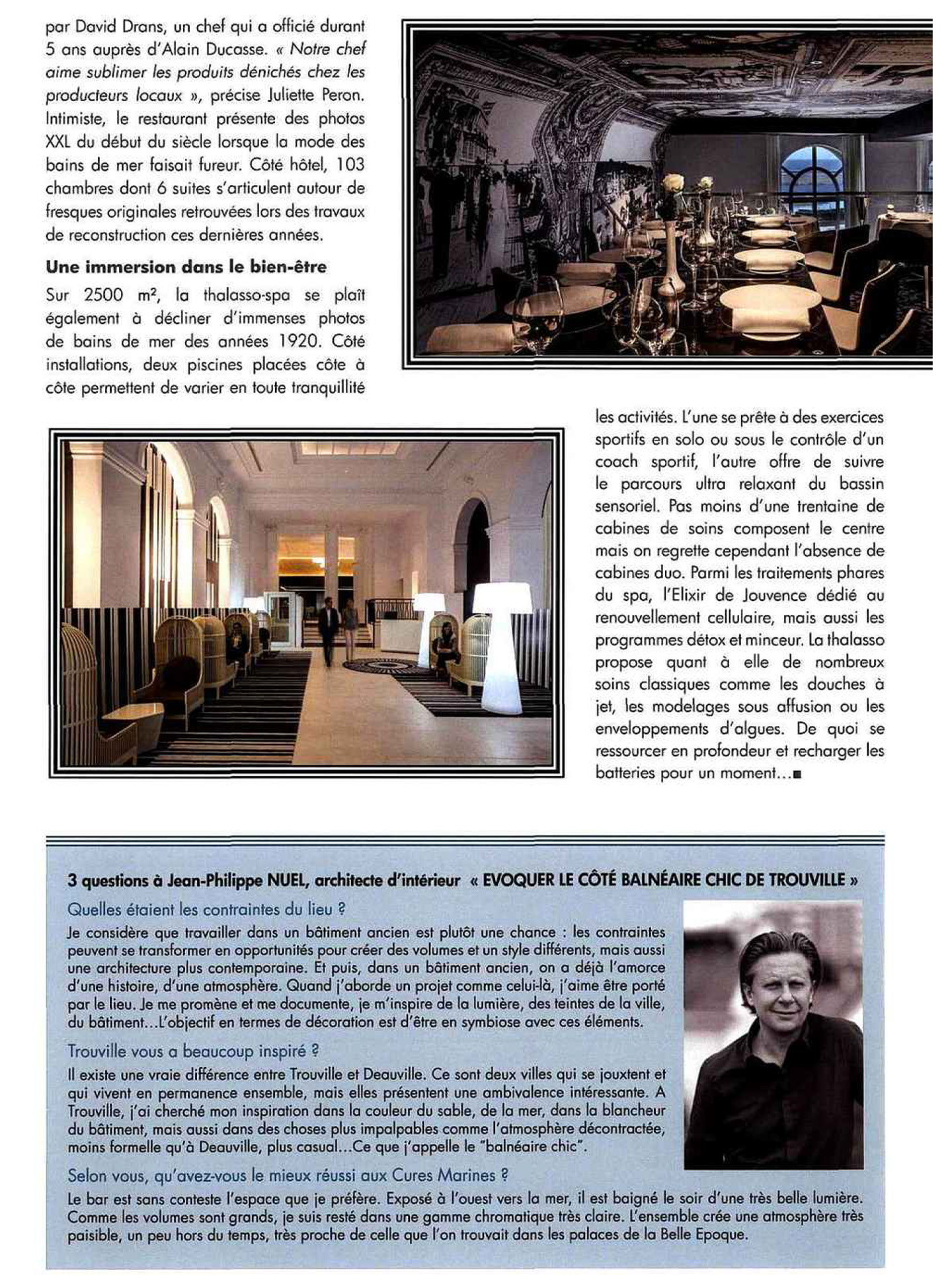article sur les cures marines de trouville réalisées par le studio d'architecture d'intérieur jean-philippe nuel dans le magazine univers luxe, hotel et spa 5 étoiles