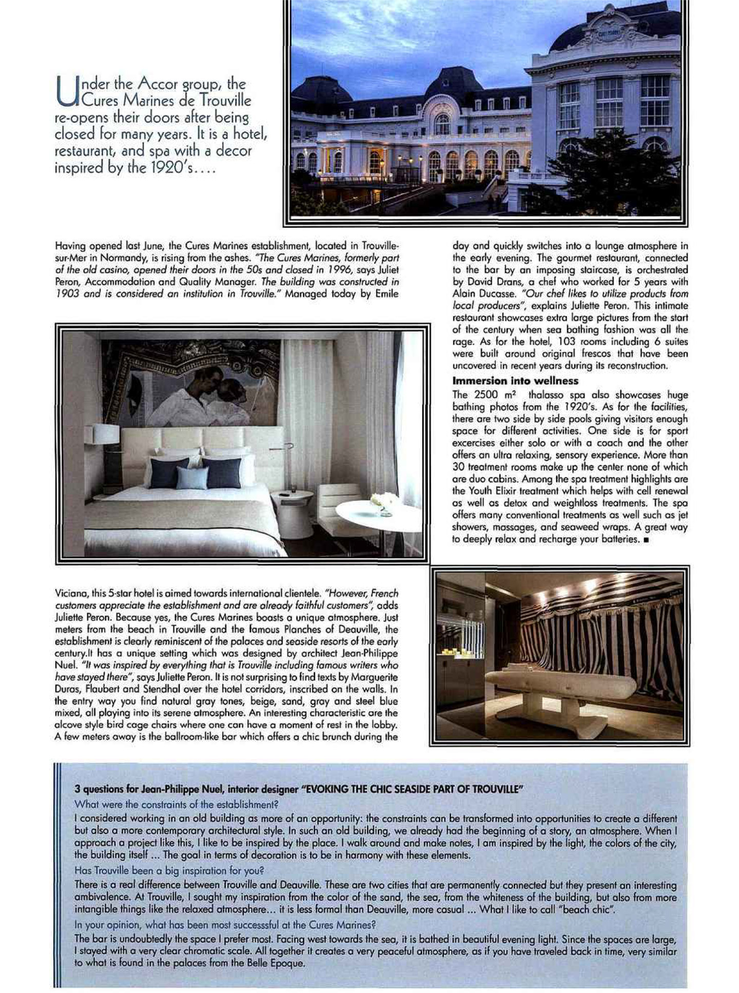 article sur les cures marines de trouville réalisées par le studio d'architecture d'intérieur jean-philippe nuel dans le magazine univers luxe, hotel et spa 5 étoiles