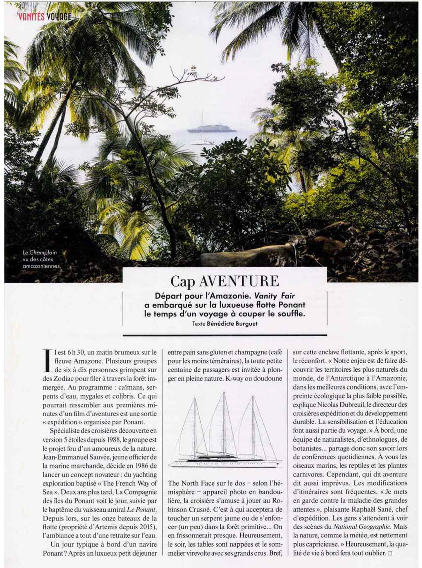 Article on the champlain, one of the 6 explorers of the compagnie du ponant realized by the studio jean-Philippe Nuel in the magazine vanity fair, luxury cruise ship, interiordesign, architecture, interior design