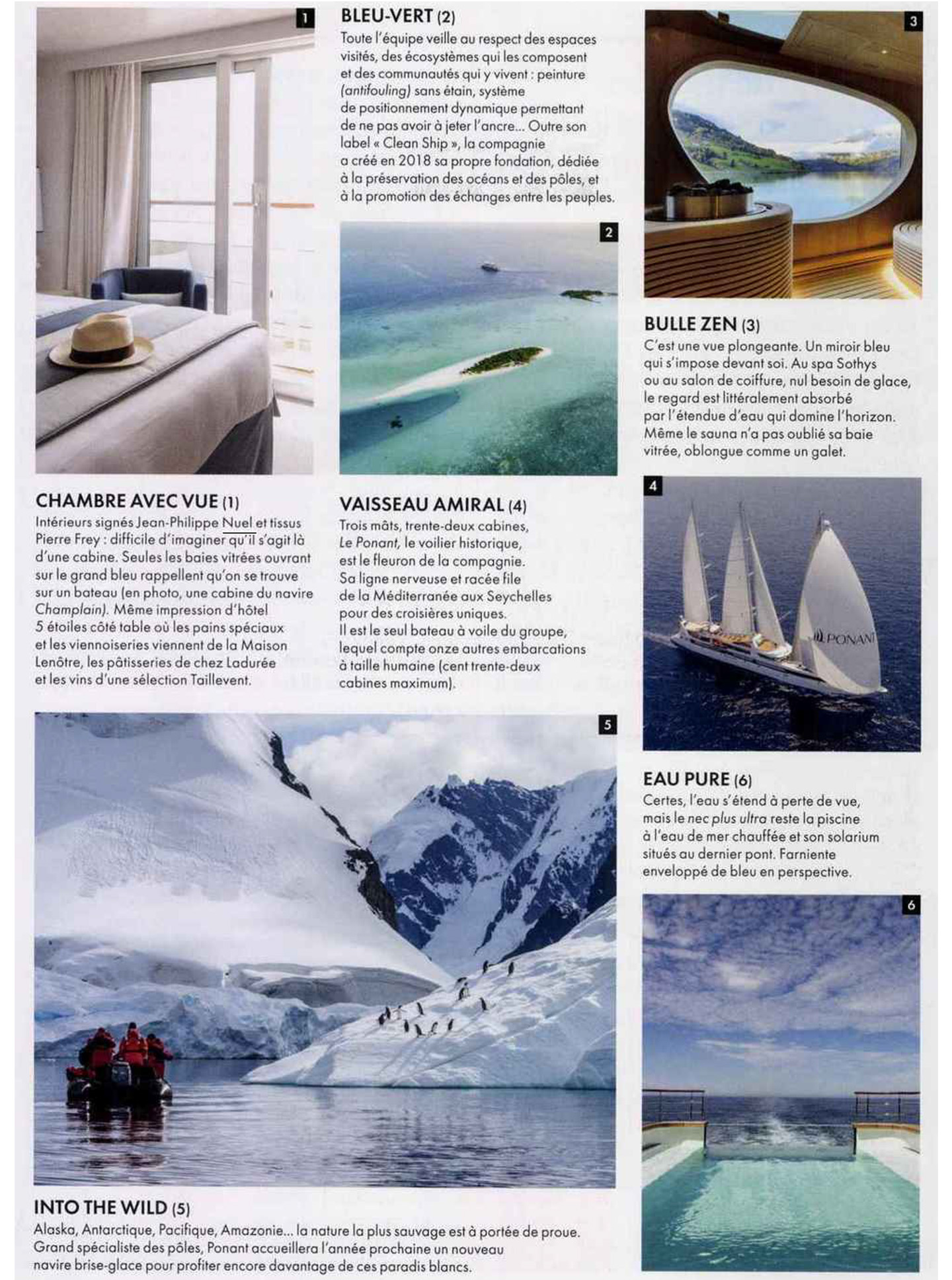 Article on the champlain, one of the 6 explorers of the compagnie du ponant realized by the studio jean-Philippe Nuel in the magazine vanity fair, luxury cruise ship, interiordesign, architecture, interior design