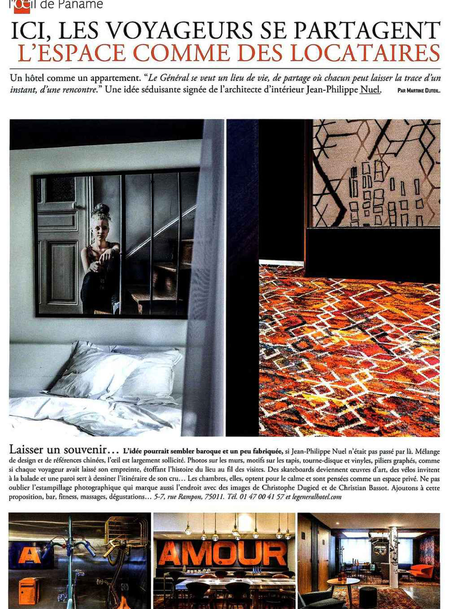Article sur l'hôtel Le Général à Paris réalisé par le studio d'architecture d'intérieur jean-philippe nuel, dans le magazine vivre côté paris
