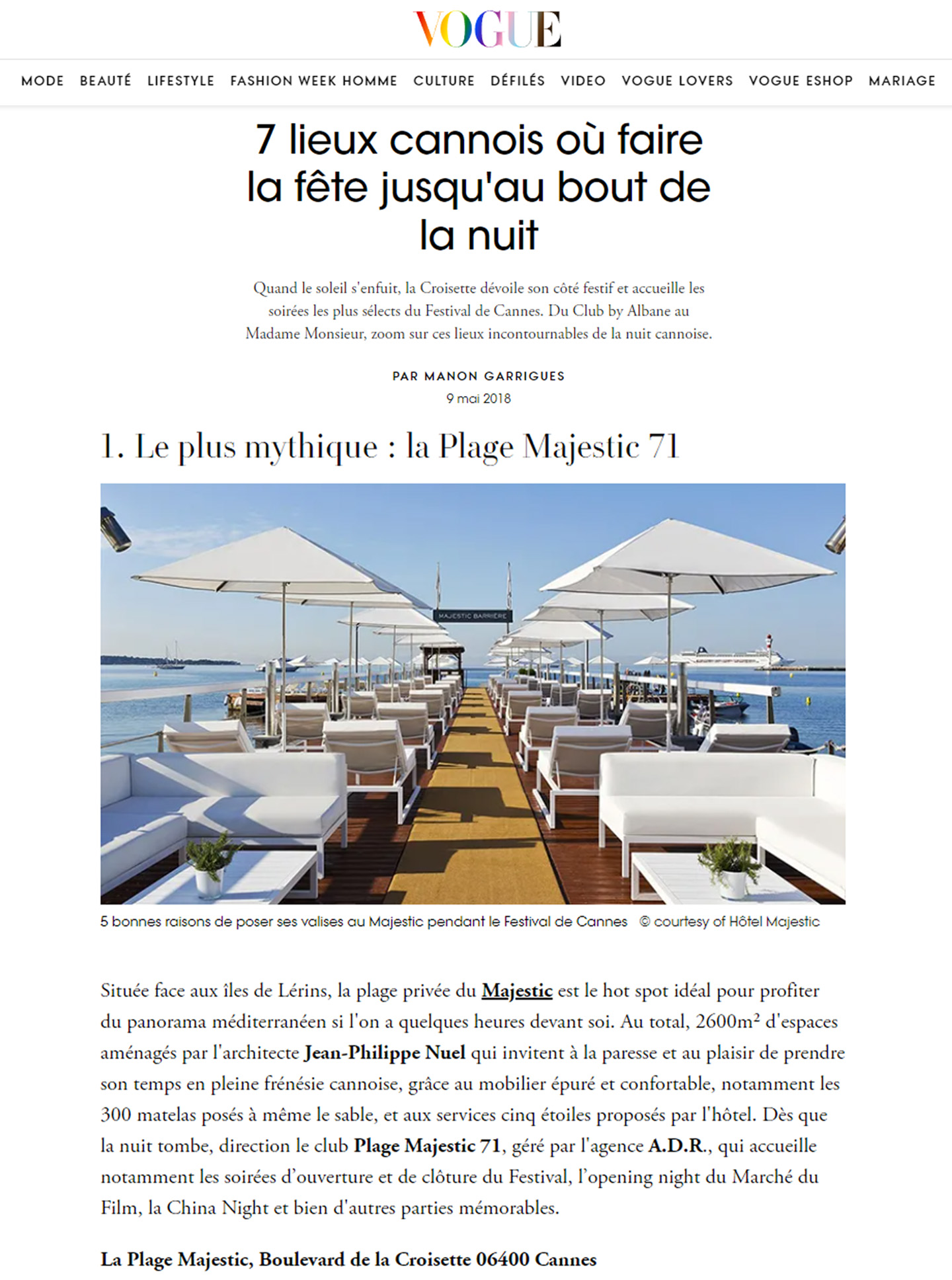 article on the restaurant la plage majestic barrière in cannes realized by the interior design studio jean-philippe nuel