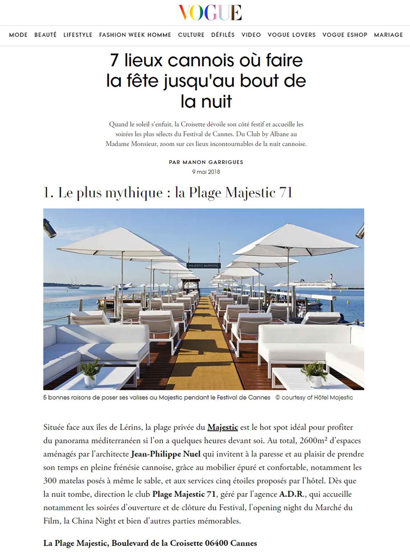 article sur le restaurant la plage majestic barrière à cannes réalisée par le studio d'architecture d'intérieur jean-philippe nuel