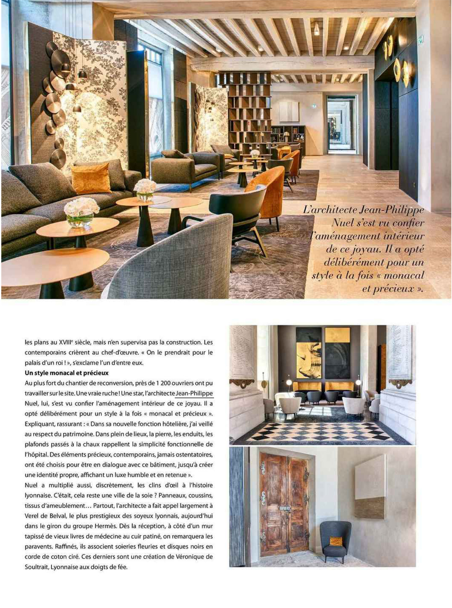 Article sur l'InterContinental Lyon Hotel Dieu réalisé par le studio jean-Philippe Nuel dans le magazine Voyage de luxe, nouvel hotel de luxe, architecture d'intérieur de luxe, patrimoine historique