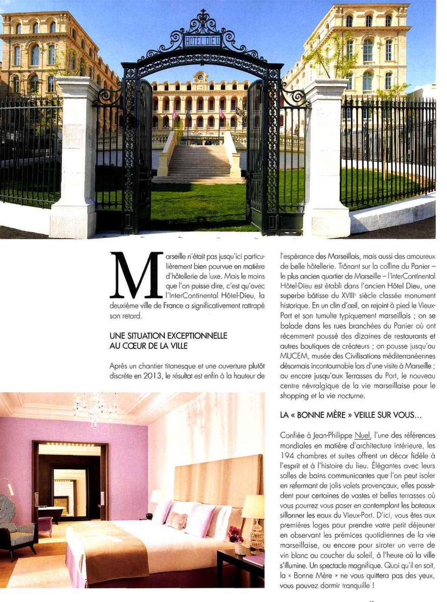 Article sur l'InterContinental Marseille Hotel Dieu réalisé par le studio jean-Philippe Nuel dans le magazine Voyages et hôtels de rêve, nouvel hotel de luxe, architecture d'intérieur de luxe, patrimoine historique français