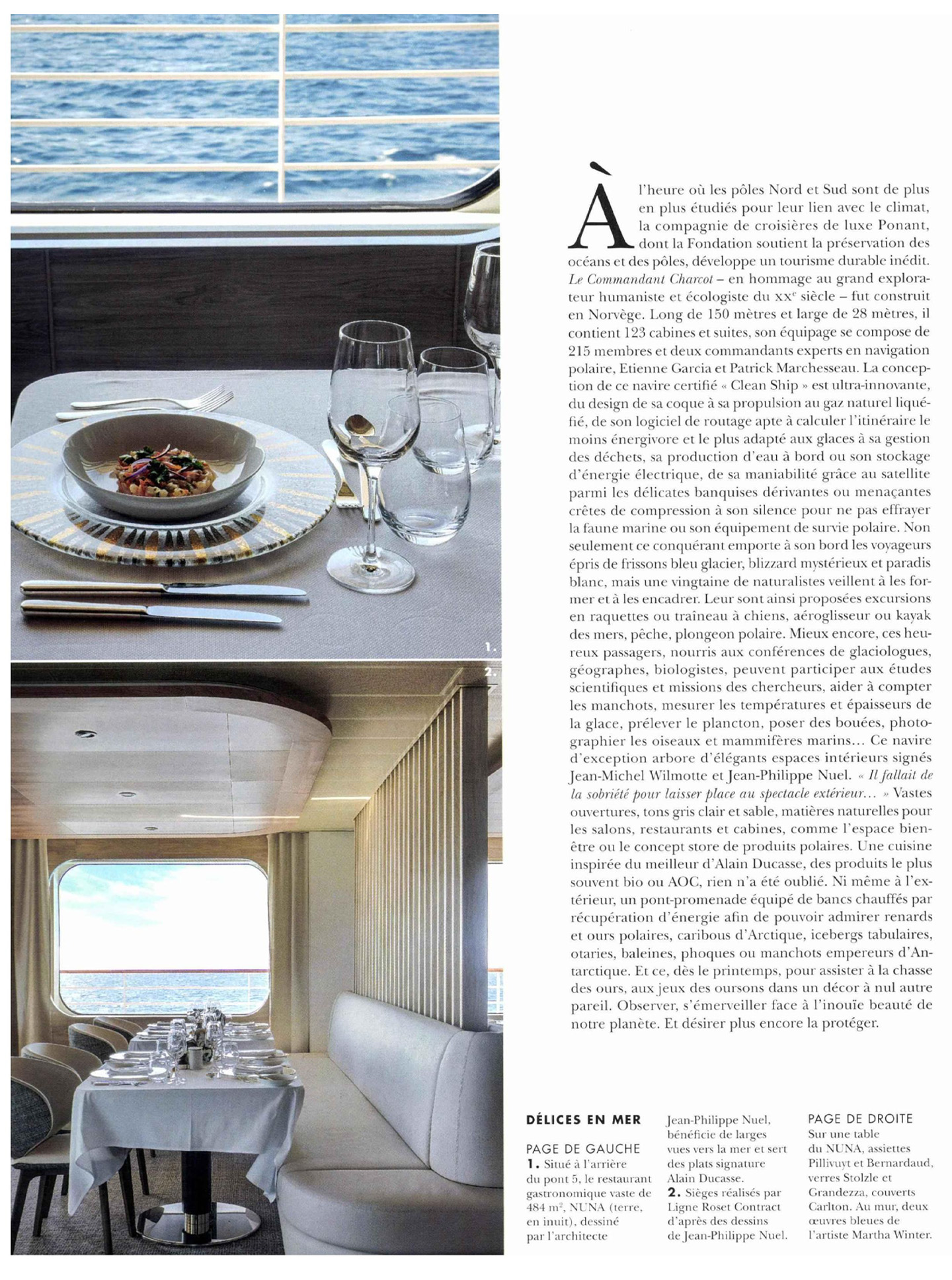 article sur le commandant charcot de ponant dans le magazine maisons côté ouest, architecture d'intérieur signée jean-philippe nuel, navire d'expedition polaire de luxe, croisière, bateau de luxe, décoration d'intérieur