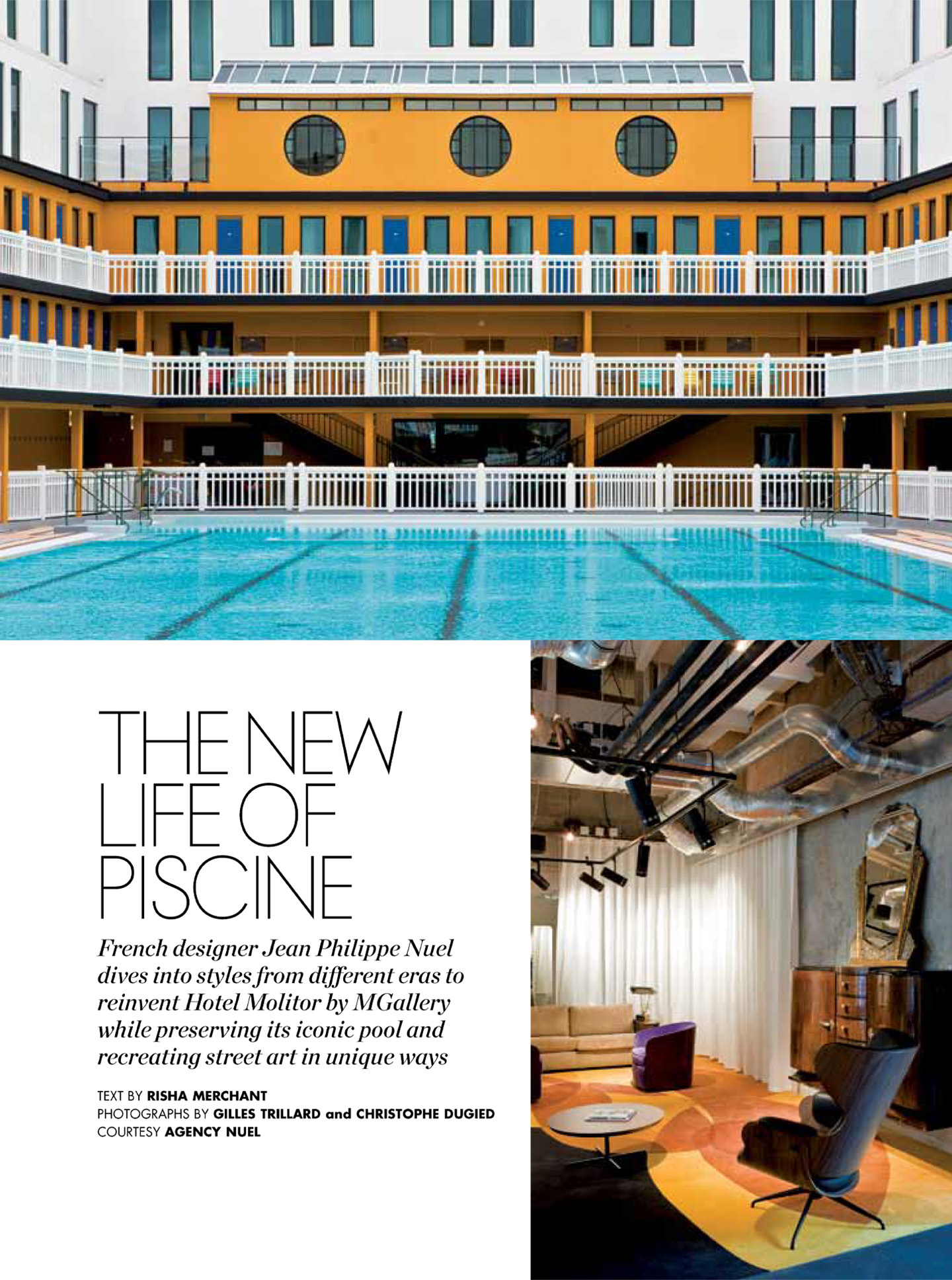 article sur l'hôtel piscine molitor à paris dans le magazine elle deco, hôtel 5 étoiles lifestyle réalisé par le studio d'architecture d'intérieur Jean-Philippe nuel
