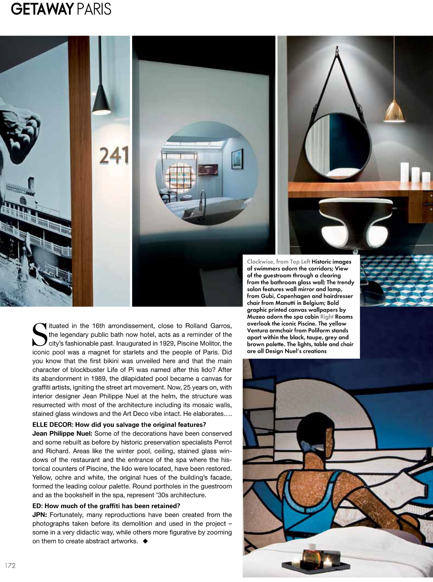 article on the hotel piscine molitor in paris in elle deco magazine, 5 star lifestyle hotel designed by the interior design studio Jean-Philippe nuel