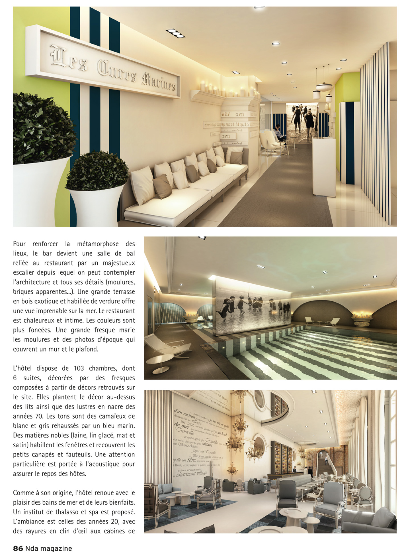 article on the cures marines de trouville in nda magazine, 5 star luxury hotel and spa designed by the interior design studio jean-philippe nuel