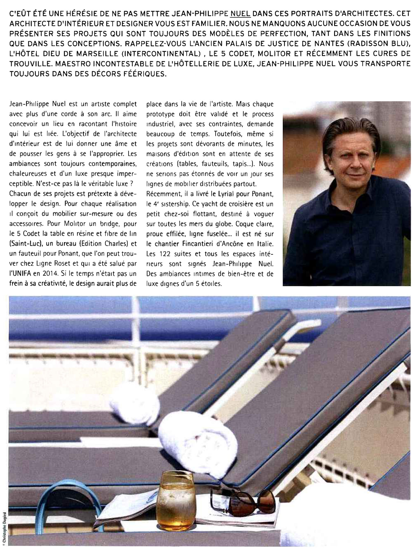 article on the lyrial in nda magazine, luxury cruise ship of the ponant company from the sistership fleet designed by the interior design studio jean-philippe nuel