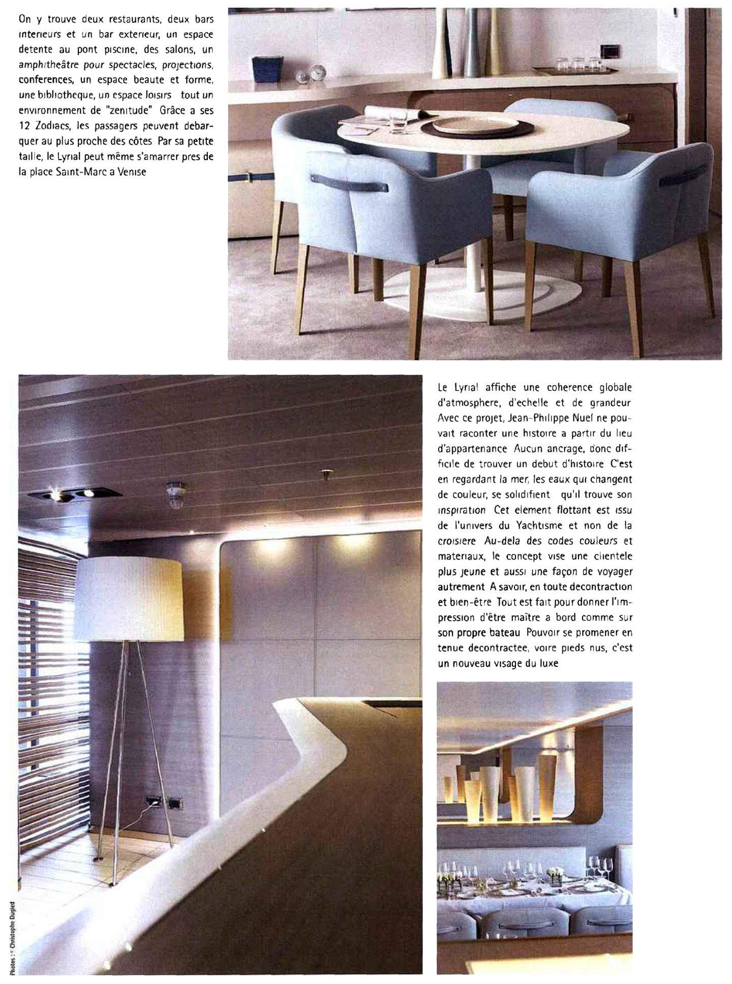 article on the lyrial in nda magazine, luxury cruise ship of the ponant company from the sistership fleet designed by the interior design studio jean-philippe nuel