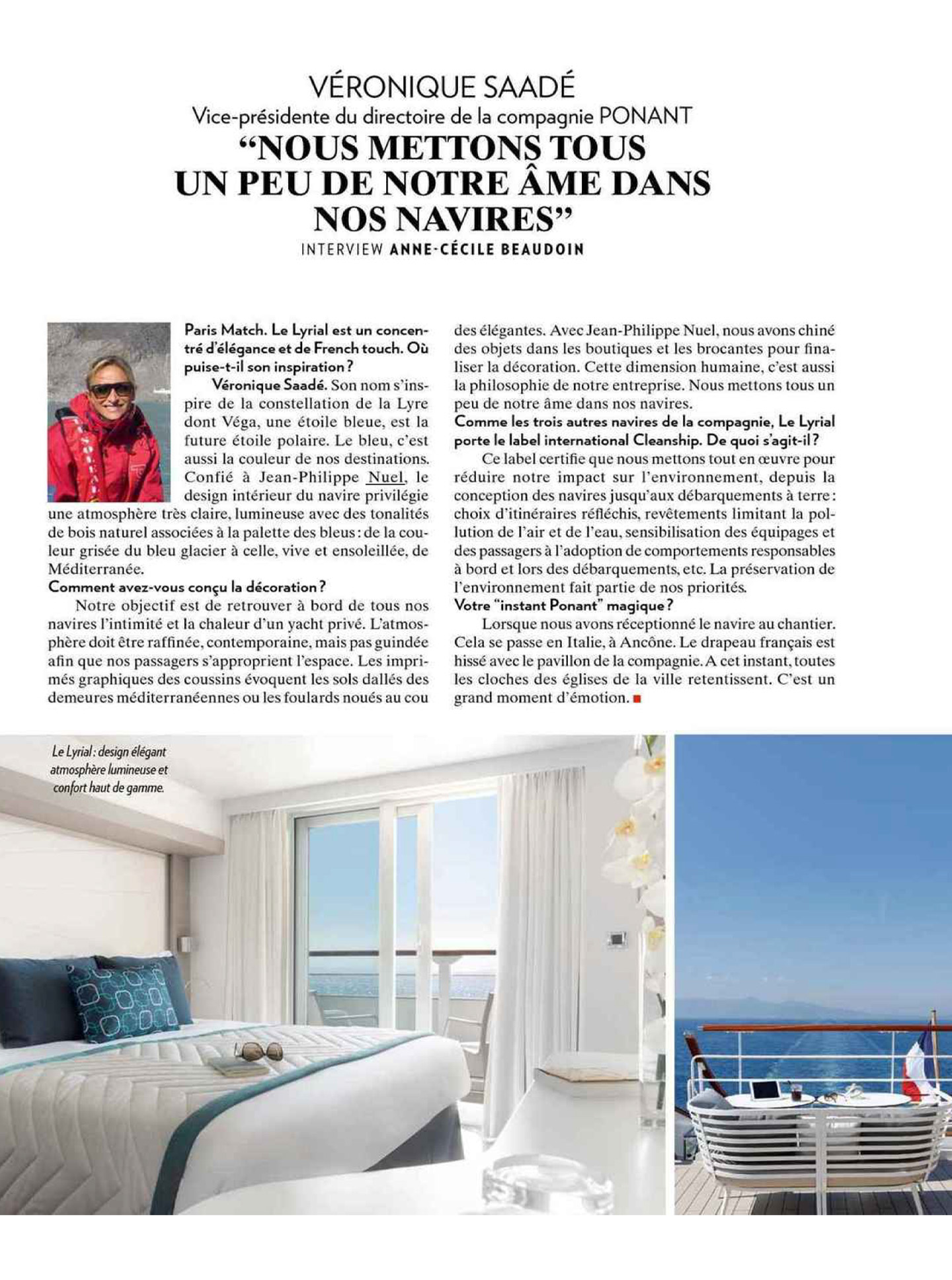 article sur le lyrial de ponant dans le magazine paris match, hôtel de luxe 5 étoiles réalisé par le studio d'architecture d'intérieur jean-philippe nuel