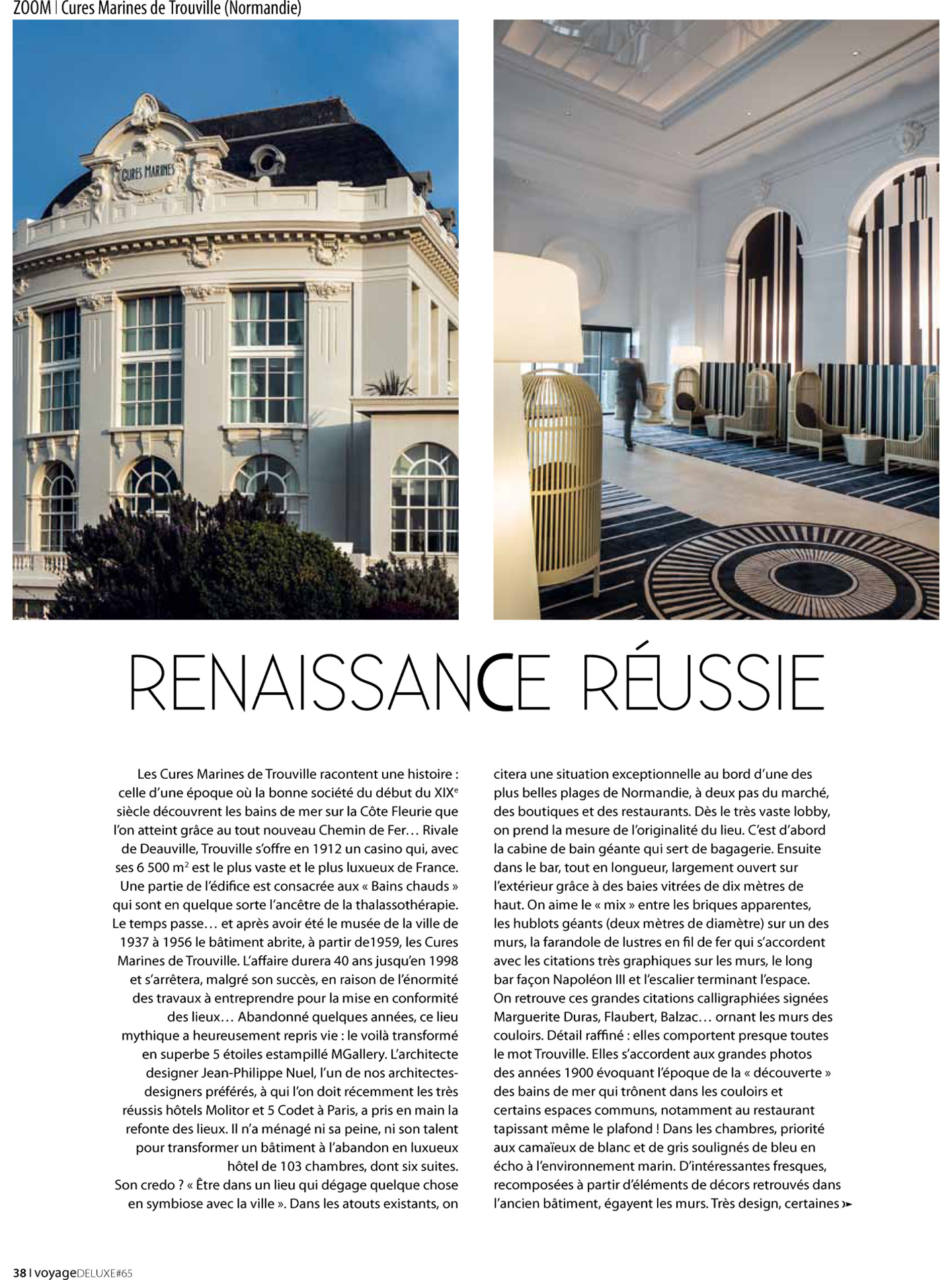 article on the marine cures of trouville in the magazine voyage de luxe, 5 star luxury hotel thalasso and spa by the interior design studio jean-philippe nuel