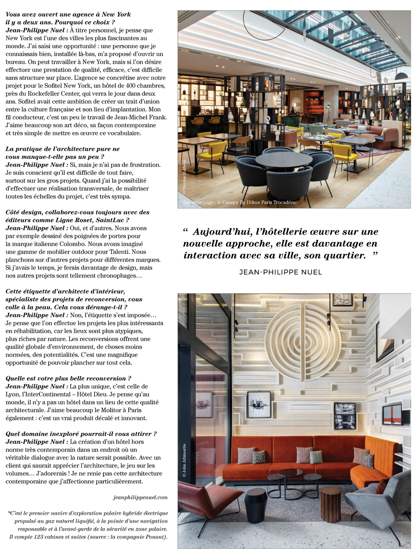 article sur jean-philippe nuel et son agence 'architecture d'intérieur dans le magazine artravel