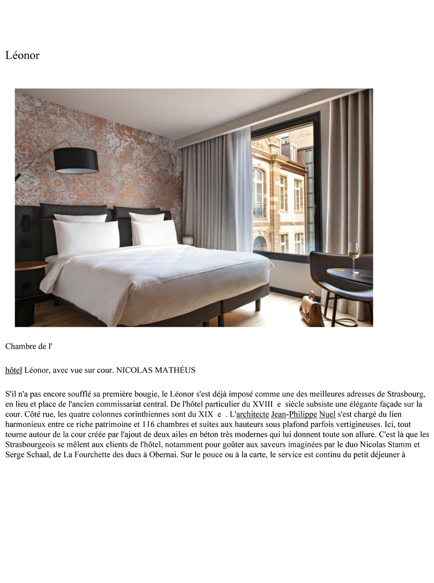 Article on the Leonor Strasbourg designed by the interior architect Jean-Philippe Nuel, French luxury hotel, in the newspaper le monde