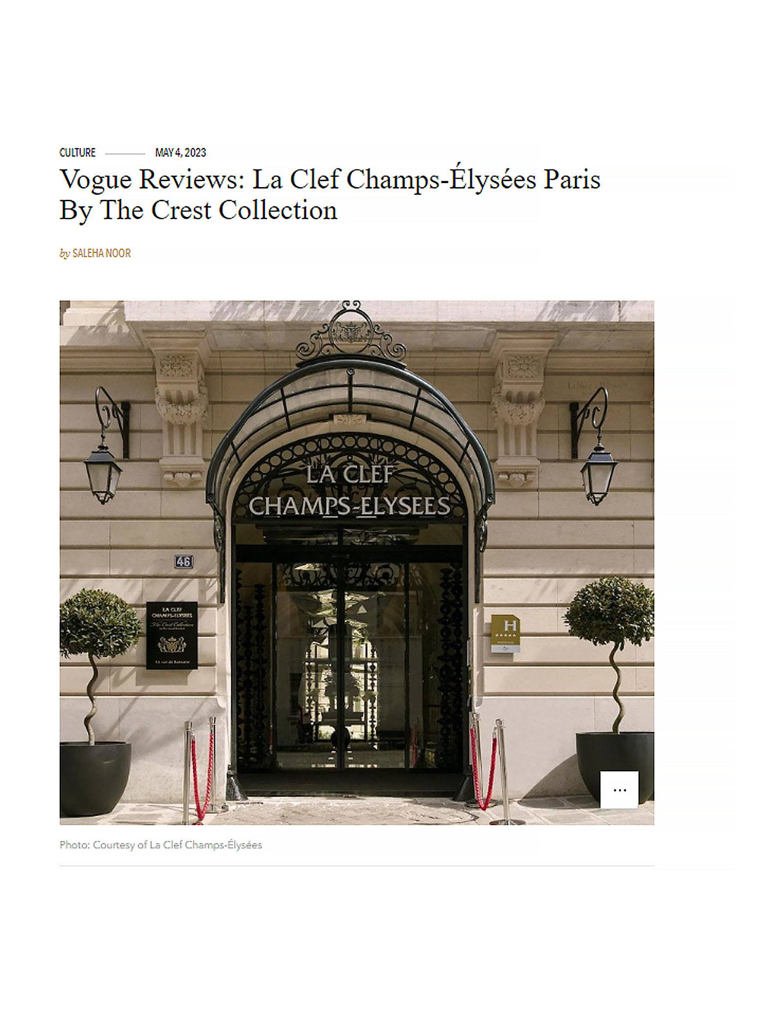 Article de Vogue Arabia sur le l'hôtel La Clef Champs-Elysées