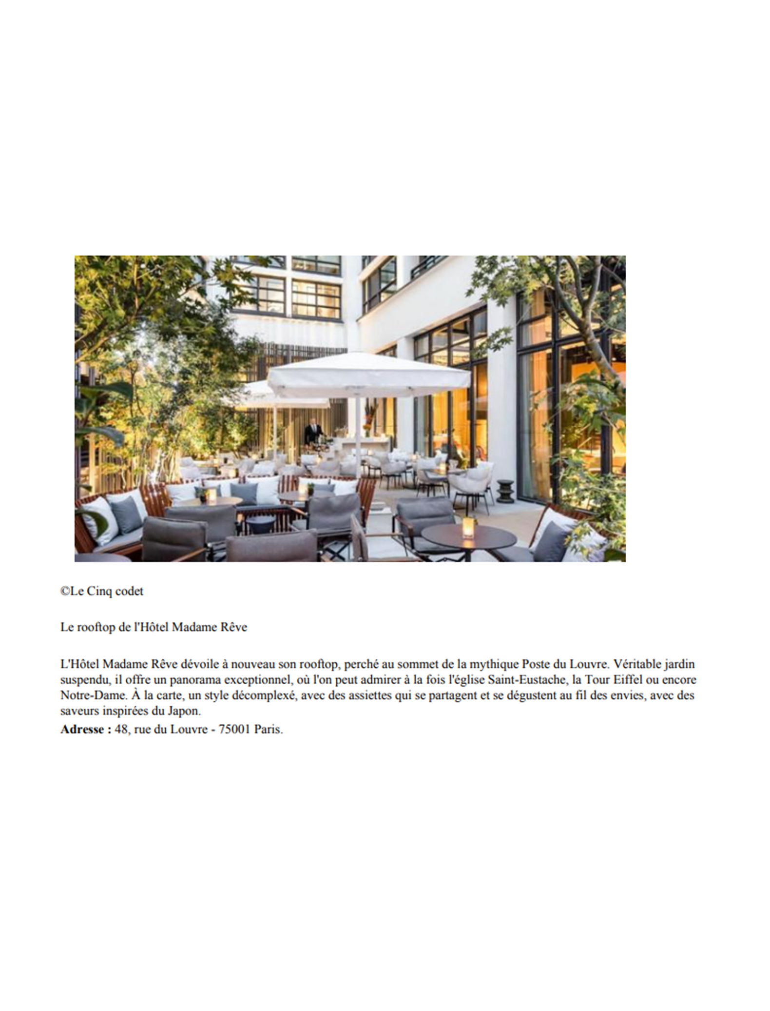 article by the journal du luxe on le Cinq Codet Hotel