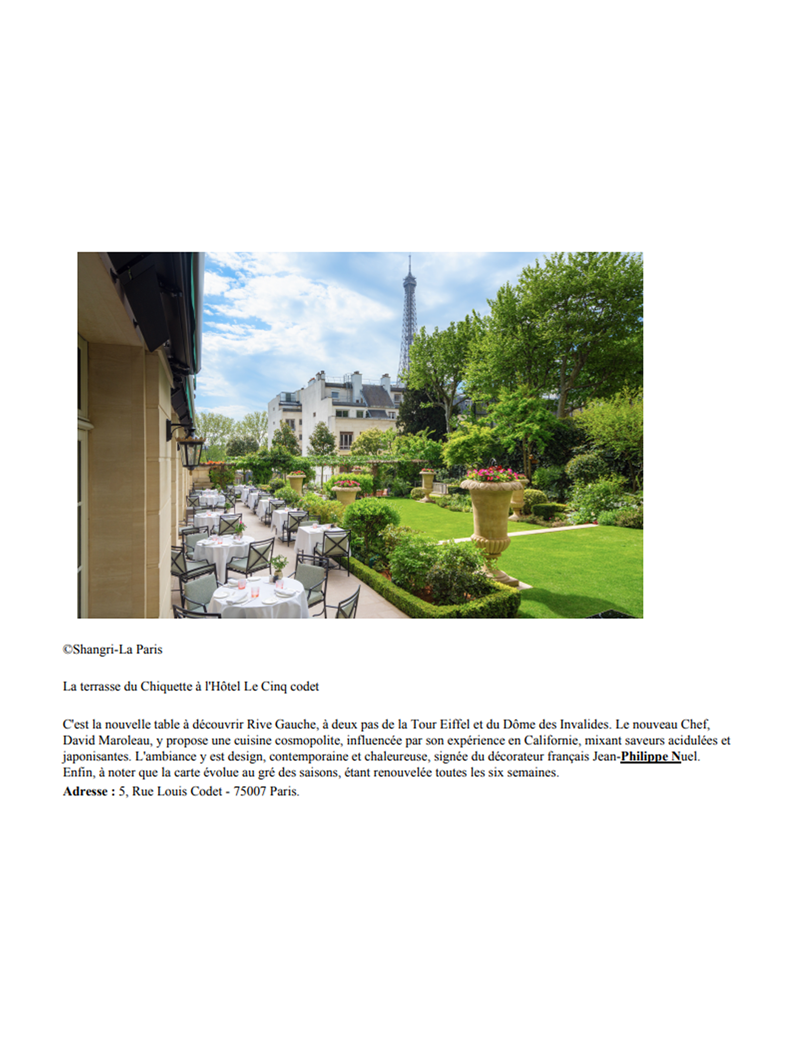 article by the journal du luxe on le Cinq Codet Hotel